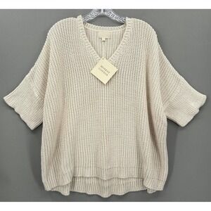 Honest Cotton Sweater One Size Cream Chunky Oversized V Neck Cream Short Sleeve